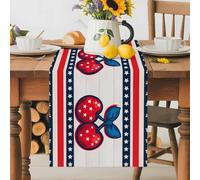 Independence Day Table Runner 13x120 Inches Long Star Red Cherry American Flag Wood Grain Stripes Cotton Linen Table Runner Burlap Style for Dinner Table Party Decor Tabletop Decorations