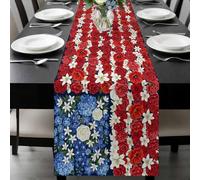Independence Day Table Runner 13x70 Inches Long Patriotic Blue Red Flowers U.S. Flag Style Cotton Linen Table Runner Burlap Style for Dinner Table Party Decor Tabletop Decorations