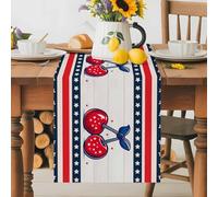 Independence Day Table Runner 13x90 Inches Long Star Red Cherry American Flag Wood Grain Cotton Linen Table Runner Burlap Style for Dinner Table Party Decor Tabletop Decorations