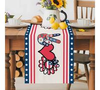 Independence Day Table Runner 13x90 Inches Long U.S. Flag Scissor Hand Red Heart Sunflower Beige Cotton Linen Table Runner Burlap Style for Dinner Table Party Decor Tabletop Decorations