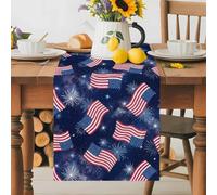 Independence Day Table Runner 16x72 Inches Long American Flag Fantasy Romantic Firework Cotton Linen Table Runner Burlap Style for Dinner Table Party Decor Tabletop Decorations