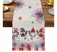 Independence Day Table Runner, American Flag Gnome Red Blue Fireworks Linen Texture Cotton and Table Linen Runner for Kitchen Dining Home Decor for Party Festival Holiday Decoration Gift 13x90in