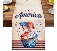 Independence Day Table Runner, American Flag Red Black Stripes Ice Cream Retro Brown Cotton and Table Linen Runner for Kitchen Dining Home Decor for Party Festival Holiday Decoration Gift 18x72in