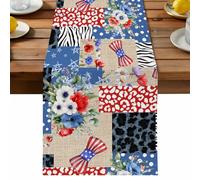 Independence Day Table Runner, Blue Red Bow Poppy Leopard Plaid Patchwork Cotton and Table Linen Runner for Kitchen Dining Home Decor for Party Festival Holiday Decoration Gift 13x72in