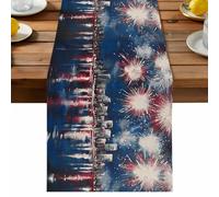Independence Day Table Runner, Fireworks City Night Scene Patriotic Cotton and Table Linen Runner for Kitchen Dining Home Decor for Party Festival Holiday Decoration Gift 13x108in