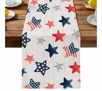 Independence Day Table Runner, Five-Pointed Star U. S. Flag White Wood Grain Cotton and Table Linen Runner for Kitchen Dining Home Decor for Party Festival Holiday Decoration Gift 13x60in
