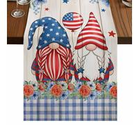 Independence Day Table Runner, Gnome with American Flag Hat Flower Plaid Wood Grain Cotton and Table Linen Runner for Kitchen Dining Home Decor for Party Festival Holiday Decoration Gift 13x36in