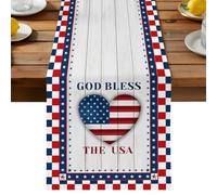 Independence Day Table Runner, God Bless the USA Red Blue Checker Plaid Cotton and Table Linen Runner for Kitchen Dining Home Decor for Party Festival Holiday Decoration Gift 16x72in