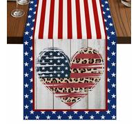 Independence Day Table Runner, Love White Wood Grain Star Leopard Print Cotton and Table Linen Runner for Kitchen Dining Home Decor for Party Festival Holiday Decoration Gift 13x120in