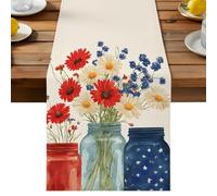 Independence Day Table Runner, Red Blue Daisy Linen Texture Cotton and Table Linen Runner for Kitchen Dining Home Decor for Party Festival Holiday Decoration Gift 14x72in
