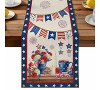Independence Day Table Runner, Retro Red Blue USA Flag Floral Star Linen Texture Cotton and Table Linen Runner for Kitchen Dining Home Decor for Party Festival Holiday Decoration Gift 16x72in