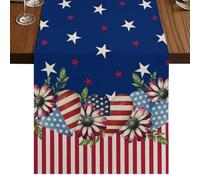 Independence Day Table Runner, Stripes Stars Heart Flower USA Flag Cotton and Table Linen Runner for Kitchen Dining Home Decor for Party Festival Holiday Decoration Gift 14x72in