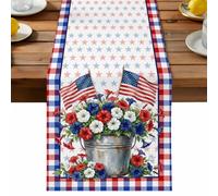 Independence Day Table Runner, U. S. Flag Red White Blue Poppy Colorful Plaid Cotton and Table Linen Runner for Kitchen Dining Home Decor for Party Festival Holiday Decoration Gift 13x60in