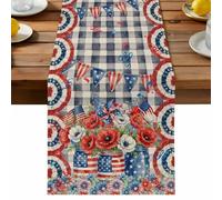 Independence Day Table Runner, U. S. Flag Red White Poppy Flowers Black Plaid Cotton and Table Linen Runner for Kitchen Dining Home Decor for Party Festival Holiday Decoration Gift 13x60in