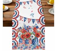Independence Day Table Runner, U. S. Flag Red White Poppy Flowers Watercolor Cotton and Table Linen Runner for Kitchen Dining Home Decor for Party Festival Holiday Decoration Gift 13x60in