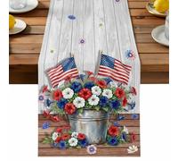 Independence Day Table Runner, U. S. Flag Red White Poppy Flowers Wood Grain Cotton and Table Linen Runner for Kitchen Dining Home Decor for Party Festival Holiday Decoration Gift 13x60in
