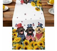 Independence Day Table Runner, U.S. Flag Themed Cute Dogs Farmhouse Sunflower Cotton and Table Linen Runner for Kitchen Dining Home Decor for Party Festival Holiday Decoration Gift 16x72in