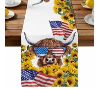 Independence Day Table Runner, U.S. Flag Themed Farm Cow Sunflower Farmhouse Cotton and Table Linen Runner for Kitchen Dining Home Decor for Party Festival Holiday Decoration Gift 13x108in