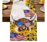 Independence Day Table Runner, U.S. Flag Themed Farm Cow Sunflower Linen Texture Cotton and Table Linen Runner for Kitchen Dining Home Decor for Party Festival Holiday Decoration Gift 13x36in