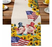 Independence Day Table Runner, U.S. Flag Themed Farm Pig Rustic Farmhouse Sunflower Cotton and Table Linen Runner for Kitchen Dining Home Decor for Party Festival Holiday Decoration Gift 13x72in