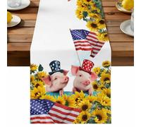 Independence Day Table Runner, U.S. Flag Themed Farm Pigs Rustic Farmhouse Sunflower Cotton and Table Linen Runner for Kitchen Dining Home Decor for Party Festival Holiday Decoration Gift 18x72in