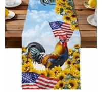 Independence Day Table Runner, U.S. Flag Themed Farm Rooster Summer Sunflower Cotton and Table Linen Runner for Kitchen Dining Home Decor for Party Festival Holiday Decoration Gift 13x70in