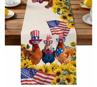 Independence Day Table Runner, U.S. Flag Themed Farm Rooster Summer Sunflower Linen Cotton and Table Linen Runner for Kitchen Dining Home Decor for Party Festival Holiday Decoration Gift 13x72in