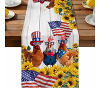 Independence Day Table Runner, U.S. Flag Themed Farm Rooster Sunflower Wood Grain Cotton and Table Linen Runner for Kitchen Dining Home Decor for Party Festival Holiday Decoration Gift 13x48in