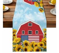 Independence Day Table Runner, U.S. Flag Themed Red Barn Farmhouse Sunflower Cotton and Table Linen Runner for Kitchen Dining Home Decor for Party Festival Holiday Decoration Gift 13x36in