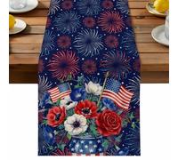 Independence Day Table Runner, U. S. Flag White Five-Pointed Stars Fantasy Firework Cotton and Table Linen Runner for Kitchen Dining Home Decor for Party Festival Holiday Decoration Gift 13x60in