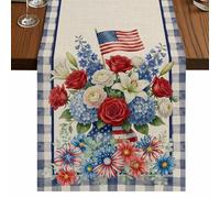 Independence Day Table Runner, USA Flag Penang Flower Stars Linen Texture Blue Plaid Cotton and Table Linen Runner for Kitchen Dining Home Decor for Party Festival Holiday Decoration Gift 13x120in