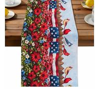 Independence Day Table Runner, Vintage Red Flora Bird USA Flag Cotton and Table Linen Runner for Kitchen Dining Home Decor for Party Festival Holiday Decoration Gift 13x108in