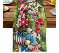 Independence Day Table Runner, Watercolor Flower Red Poppy White Daisy Blue Star Cotton and Table Linen Runner for Kitchen Dining Home Decor for Party Festival Holiday Decoration Gift 13x36in