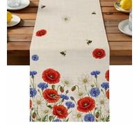 Independence Day Table Runner, Watercolor Red Blue White Daisy Farm Bee Linen Texture Cotton and Table Linen Runner for Kitchen Dining Home Decor for Party Festival Holiday Decoration Gift 13x108in