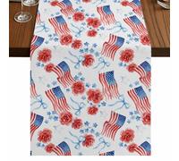 Independence Day Table Runner, Watercolor U, S, Flag Romantic Red Flowers Blue Bow Cotton and Table Linen Runner for Kitchen Dining Home Decor for Party Festival Holiday Decoration Gift 13x60in