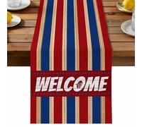 Independence Day Table Runner, Welcome Red Wood Grain Red Blue Retro Stripes Cotton and Table Linen Runner for Kitchen Dining Home Decor for Party Festival Holiday Decoration Gift 13x36in