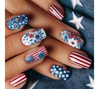 Independence Day Themed Press On Nails 24 Pieces Square False Nails With Patriotic Flower Design For Celebrations