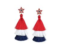Independent Patriotic Red White Blue Tassel Earrings Sparkling Star Crystal Layered Dangle Earrings for Women Men Independence Day & Festivals Gifts, Zinc, No Gemstone