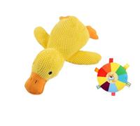 Indestructible Duck Dog Toy, Anti-Stress Squeaky Toy, Interactive Cuddly Toy for Small, Medium and Large Dogs, Soothing Quack Sound Toy with Flying Disc, Yellow Plush Toy