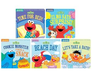 Indestructibles: Sesame Street: by Amy Pixton 5 Picture Books Collection Set (Time For Bed!, Let's Take A Bath!, Elmo Says Surprise!, Beach Day & Cookie Monster Finds a Snack)