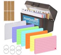 Index Card Box Set, A6 Plastic Flashcard Organiser Revision Cards Holder - 240 A6 Coloured Flash Cards 12 Card Dividers 6 Rings 2 Stickers 6 Labels and Box Set for Study Office School Supplies