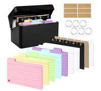 Index Card Box Set, Plastic Organiser with 230 Coloured Flash Cards, 3 A to E Divider Tabs, 6 Rings and 6 Stickers for On The Go Learning Notes, Study Office School Supplies, Recipe Notes Box