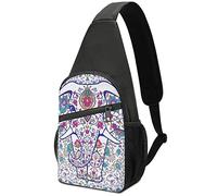 India, Arabic Floral Mandala Flowers Elephant on White Adjustable Fanny Waist Pack Pouch, Crossbody Durable Runners Bag Wallet for Sports Cycling Gym Hiking Fitness Women Men