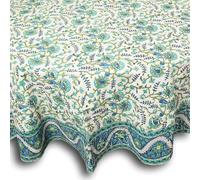 India Arts Cotton Block Print Tablecloth Round 72 inch, Blue Green | 100% Cotton Floral Table Cloth Handmade for Kitchen Dining Linen, Weddings, Holiday Party, Spring/Summer/Fall Home Decor