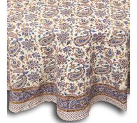 India Arts Hand Block Print Tablecloth Round 72 inch, 100% Cotton Blue Brown Purple Floral Table Cloth for Kitchen Dining Linen, Weddings, Holiday Party, Restaurant, Summer/Fall/Winter Home Decor