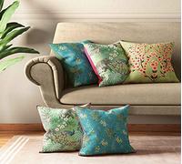 India Circus by Krsnaa Mehta Bougainvillea Delights Multicolor Satin Blend Cushion Pillow Covers Set of 5 (16 x 16 Inches)