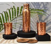 India House 100% Pure Copper 7 Chakra Bottle with Heart Chakra Crystal/Water Bottle/1000ml/Exercise/Meditation/Gym/Yoga from India (Two Free Wooden Coasters) (HAMMERED)