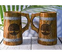 India House 20 OZ Mango Wooden Beer Mug - Wedding & Birthday Gifts (Set of 2 with Both Side Engraving)