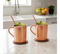 India House - Hammered Moscow Mule Cup Set, 16 oz | Cocktail Cup Set | Copper Glasses | Party Gift Pure Copper Plain Smooth Finishing Set of 2 Mugs with Straw and Coaster