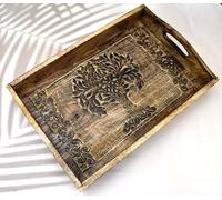 India House - India House Wooden Serving Tray with Handles - 15 x 10 Inch Handcrafted Rectangular Tray for Snacks, Coffee, Tea, Dinner & Breakfast - Rustic Platter for Kitchen & Dining